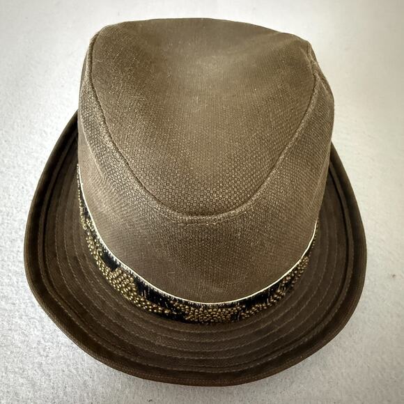 Leather Island by Bill Lavin Distressed Cotton Fedora Hat Brown Studded Band
